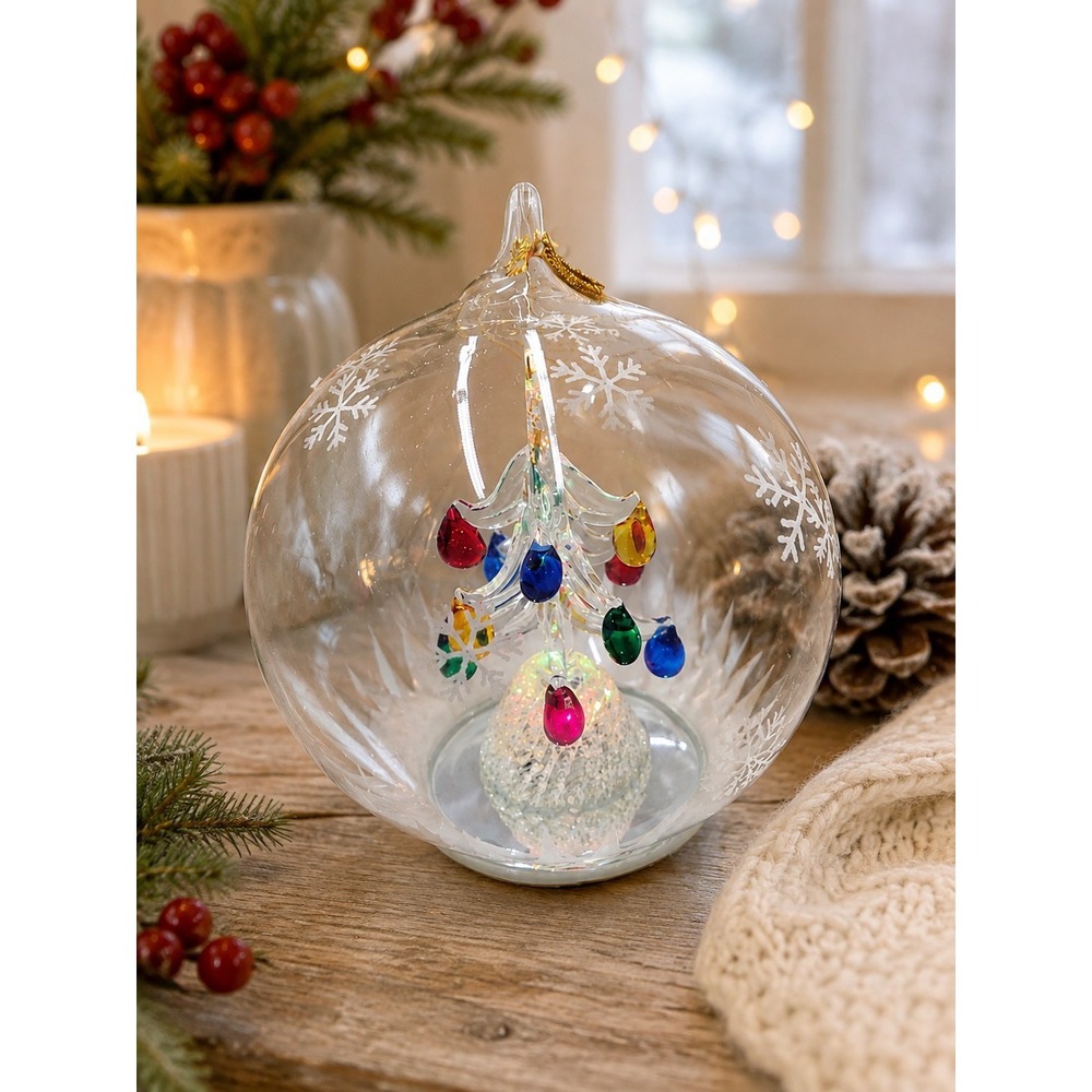 Sorelle Hand Blown LED Glass Globe Spun Christmas Tree Light Up Ornament
